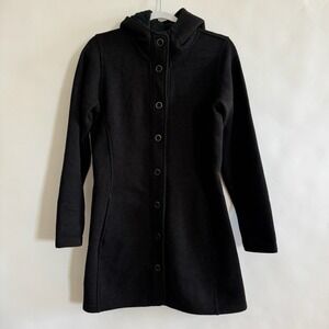 Kuhl Women's Black Spyrit Long Fleece Hooded Coat Small Button Up Snaps Pockets